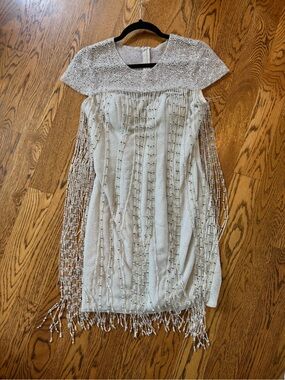 Jovani Beaded Fringe Mini Dress in Silver size 4